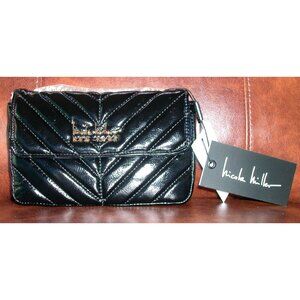 Nicole Miller Black Quilted Patent Leather Mini Crossbody Purse With Gold Chain